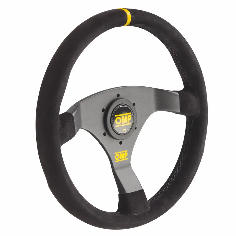 Volant OMP 320 Carbon S Plat, Cuir Noir Retourné, Branches Carbone Nouvel Arrivage
