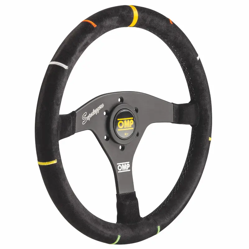 Volant OMP Recce Plat, Cuir Noir Retourné, Branches Noires Nouveauté