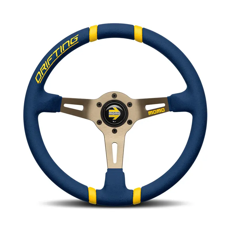Volant Momo Drifting Bleu, Tulipé (90 mm), Microfibre Bleue, Branches Anthracite - 35 cm Must-Have