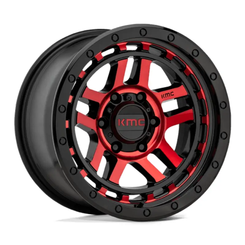 KMC KM540 Recon 17X8.5 6x139.7 ET18, Noir Brillant Usiné, Teinte Rouge Offre Spéciale