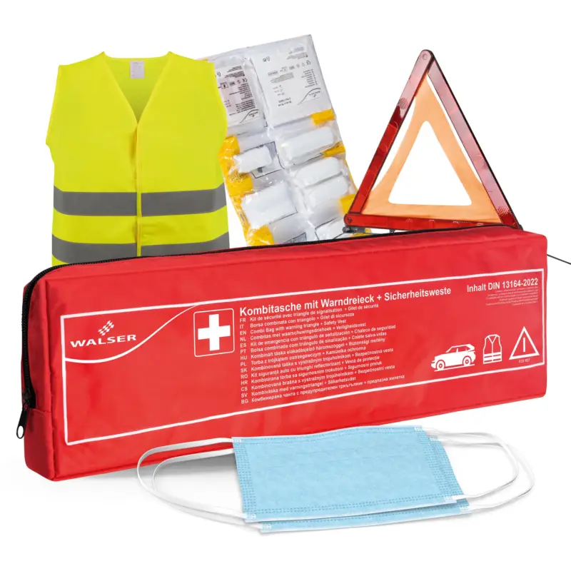 Meilleure Vente Trousse de secours automobile rouge conforme à la norme DIN 13164:2022, y compris triangle de panne et gilet de sécurité, kit de premiers secours automobile